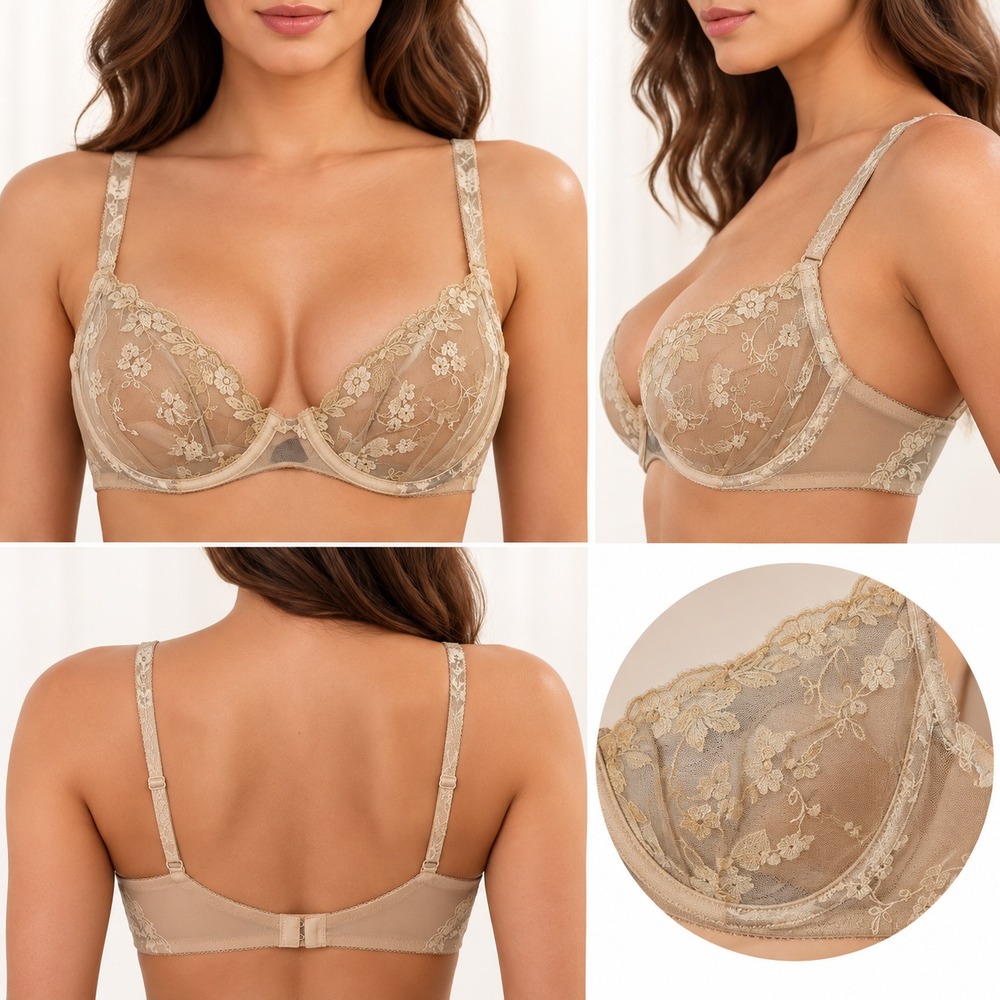 Vintage Christian Dior Underwire Bra Womens Beige Embroidered Sheer Floral Lace